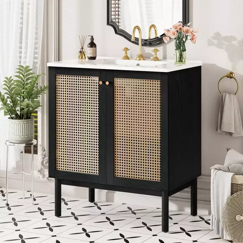 Bathroom Vanity 30-Inch with Rattan Door, Soft-Close Mechanism, Suitable for Bathroom Use