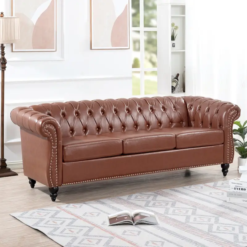 Classically Elegant 84.65 Three-Seater Rolled Arm Chesterfield Sofa in PU Leather - Sturdy Birch Legs, Soft Upholstery