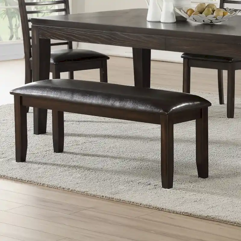 Antique Espresso Wood and Faux Leather Dining Bench
