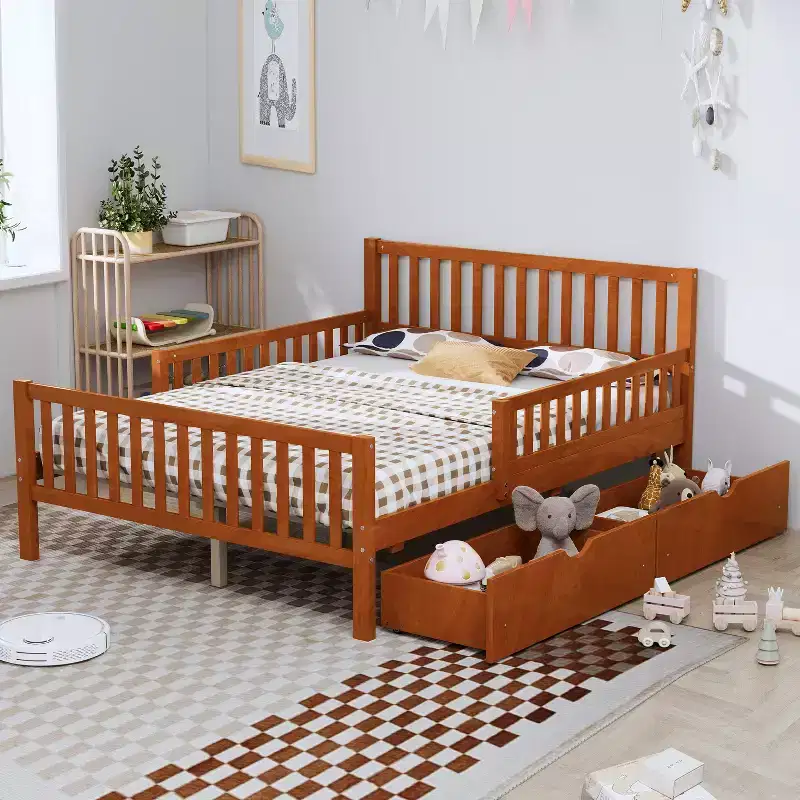 Full Wood Platform Bed with Guardrails and 2 Storage Drawers, Walnut