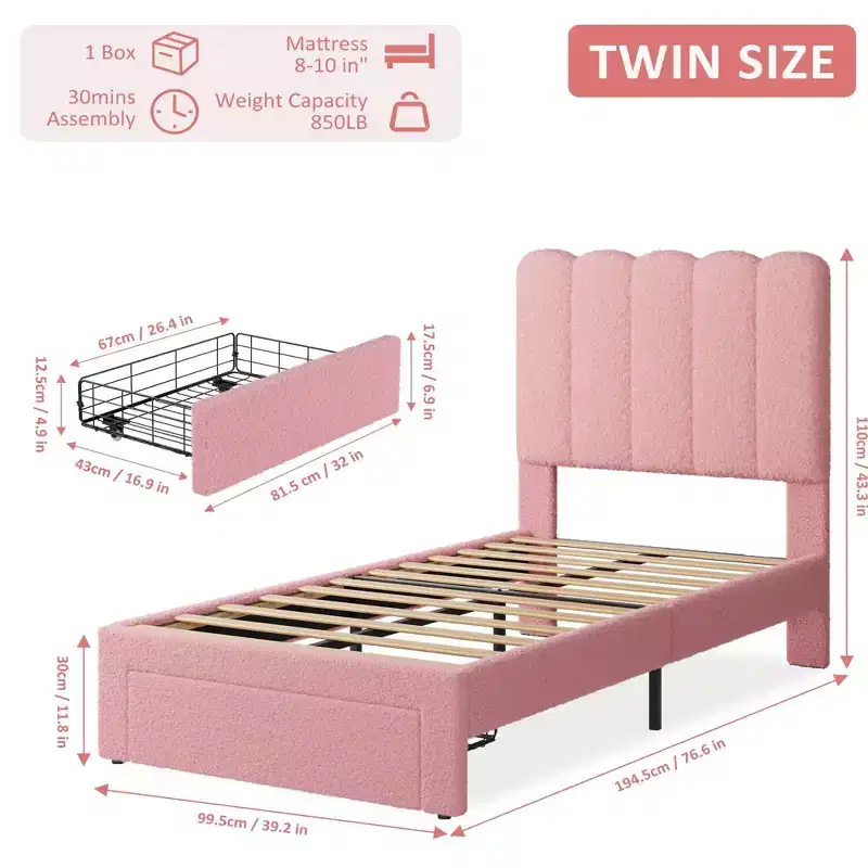 Acekool Kids Twin Bed, Boucle Upholstered Bed Frame with Storage Drawer, Wavy Headboard & Strong Wooden Slats, No Box Spring Needed, Pink