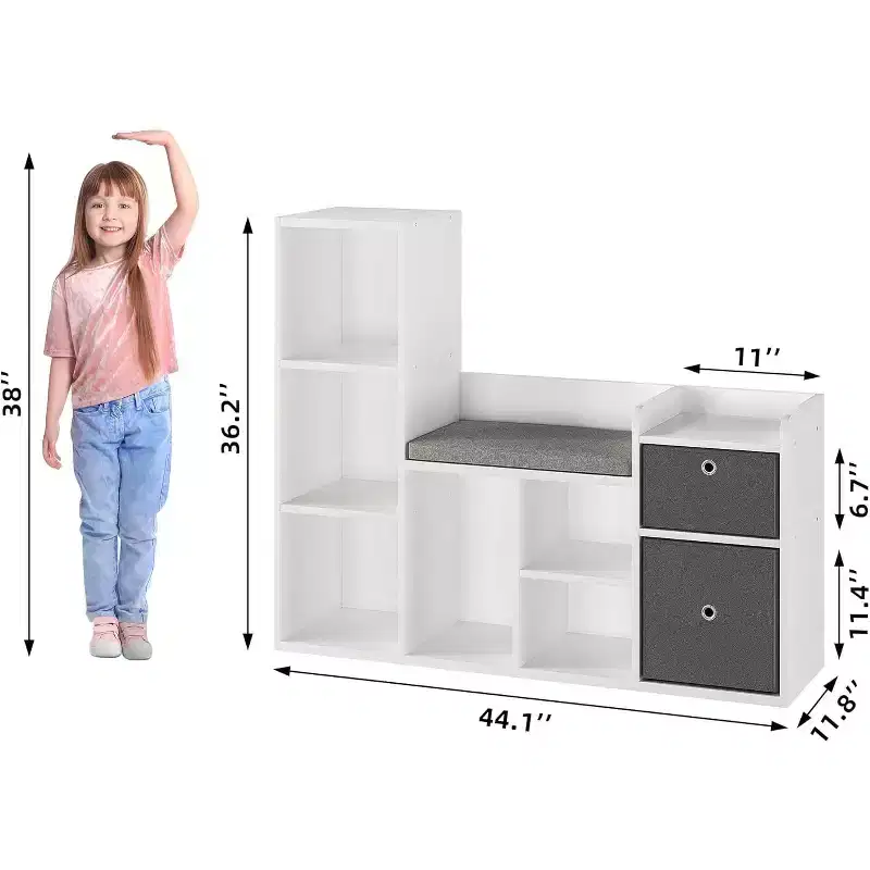 Wooden Kids Bookshelf, 5-Cubby Playhouse Bookcase with Storage Boxes, Organizer Shelf for Nursery Playroom Bedroom, White
