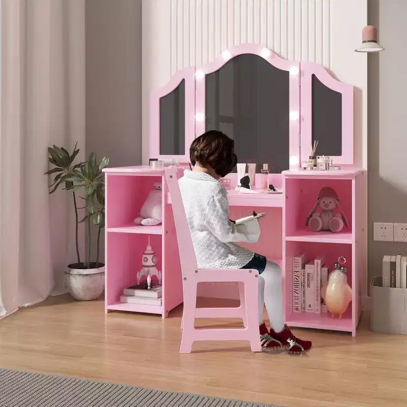 2-in-1 Girls Vanity Table and Chair, Tri-Folding Mirror, Large Storage, Touch Mirror, Easy Assembly, for Kids Bedroom, Pink and White