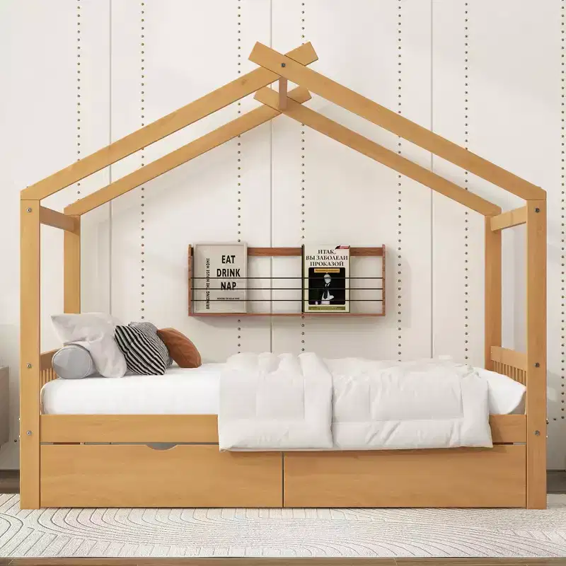 Full Wooden House Bed Frame with Two Storage Drawers, Platform with Roof Design Headboard and Footboard, for Girls Boys