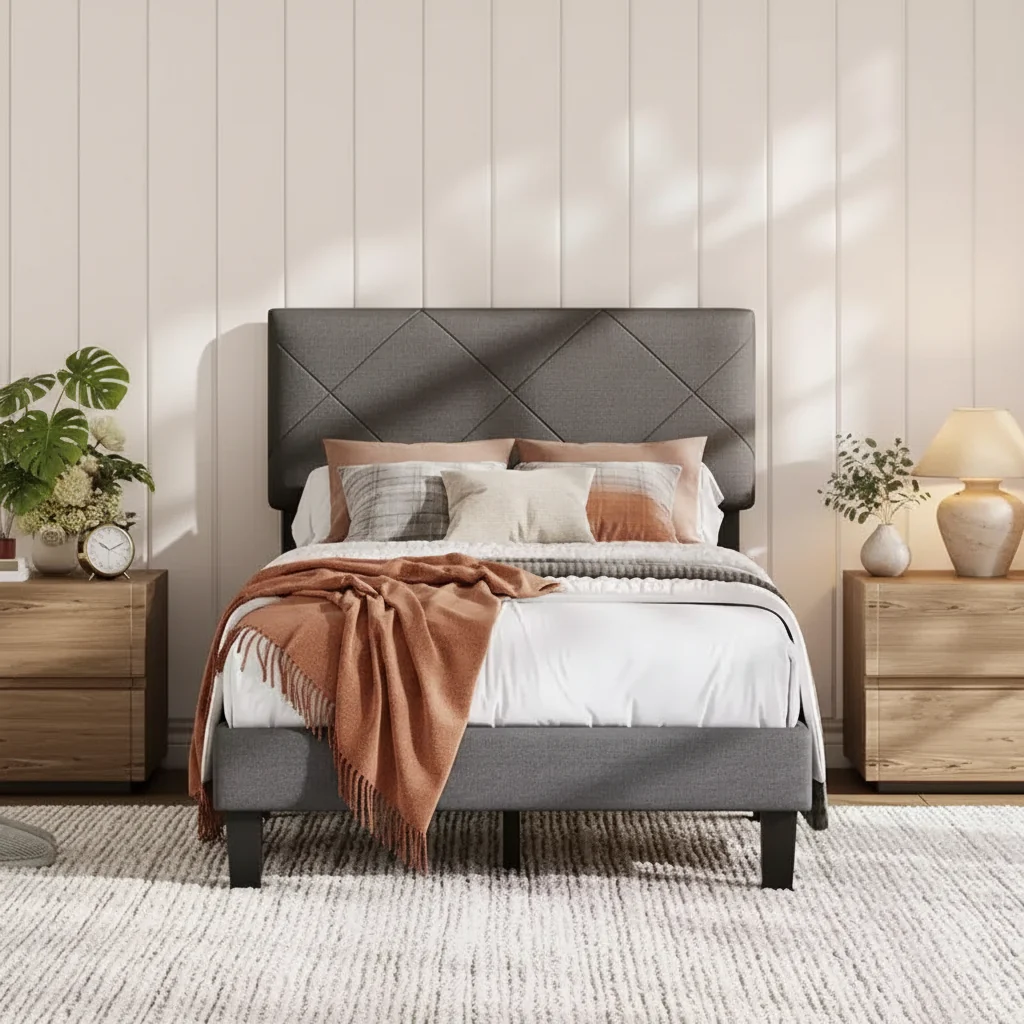 Twin/Full/Queen/King Size Bed Frame with Upholstered Headboard - Gray Platform Bed with Wooden Slats