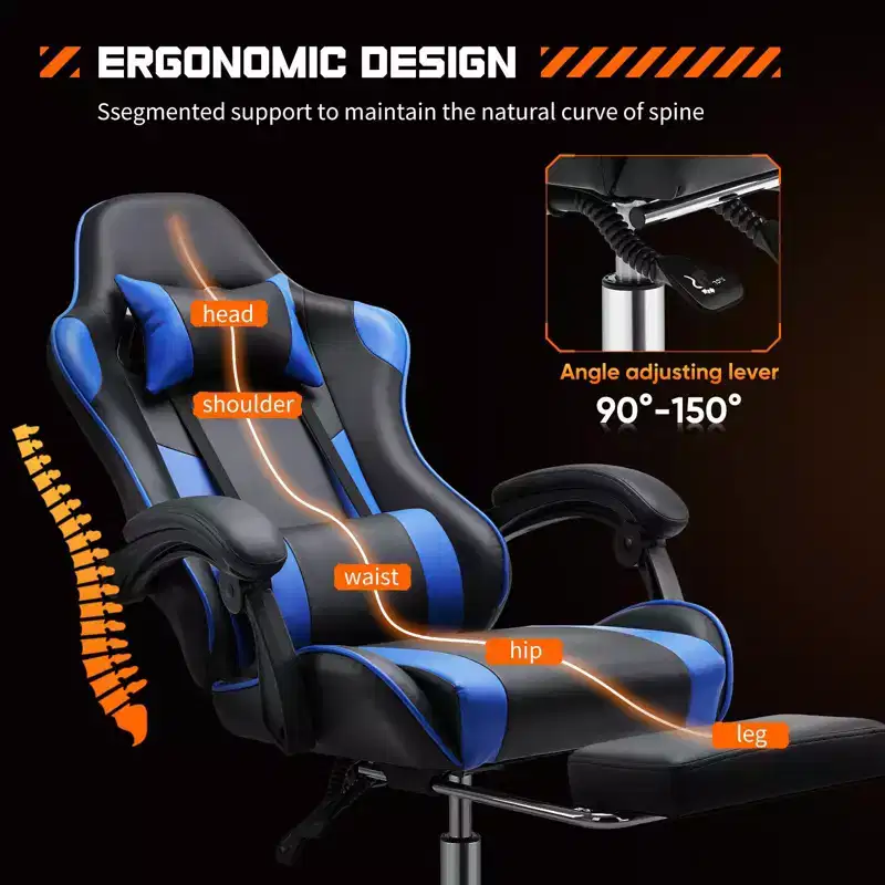 PU Leather Criss Cross Chair on Wheels with Footrest and Lumbar Support, Fixed Armrest Gaming Office Chair