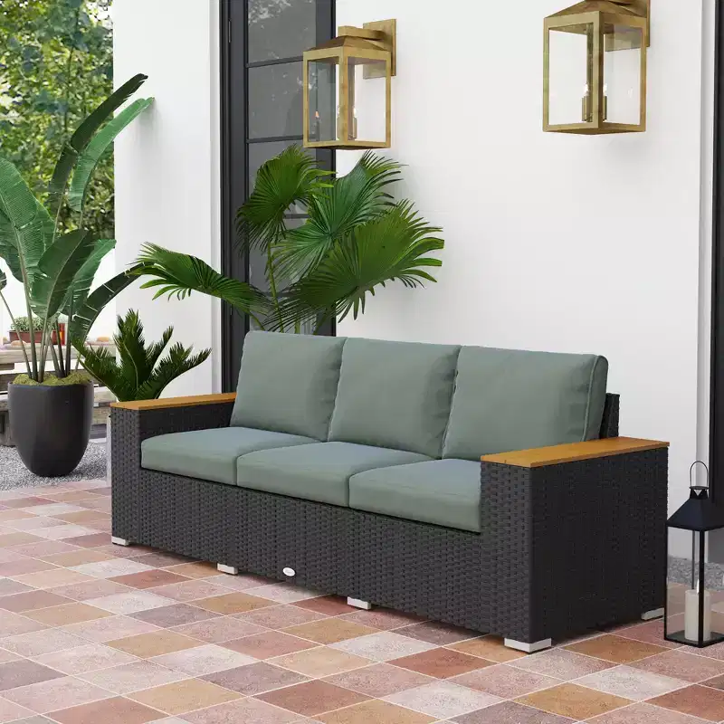 3-Seat Outdoor Patio Sofa with Cushions, PE Rattan Wicker Sofa with Wide Armrests, Outdoor Wicker Couch