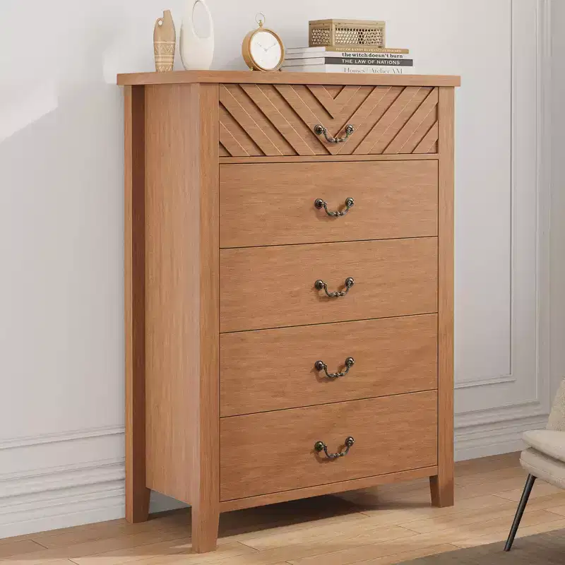 Farmhouse Wooden 45.2 Tall Vertical 5 Dresser Drawer for Bedroom with Storage Freestanding, Closet Storage Chest for Bedroom