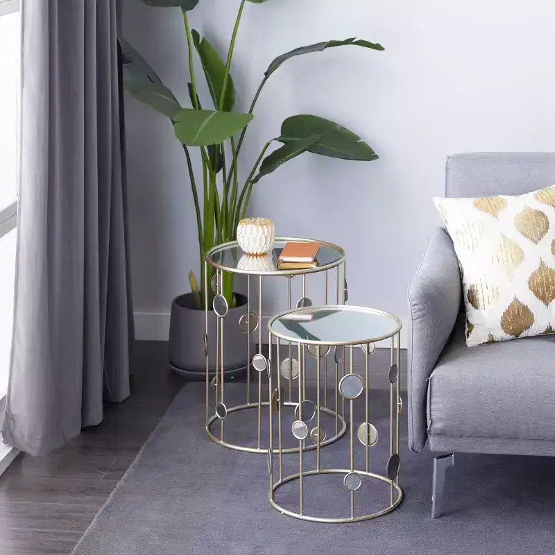 Set of 2 Contemporary Metal Accent Tables with Mirrored Top Gold - Olivia & May: No Assembly, Iron Frame