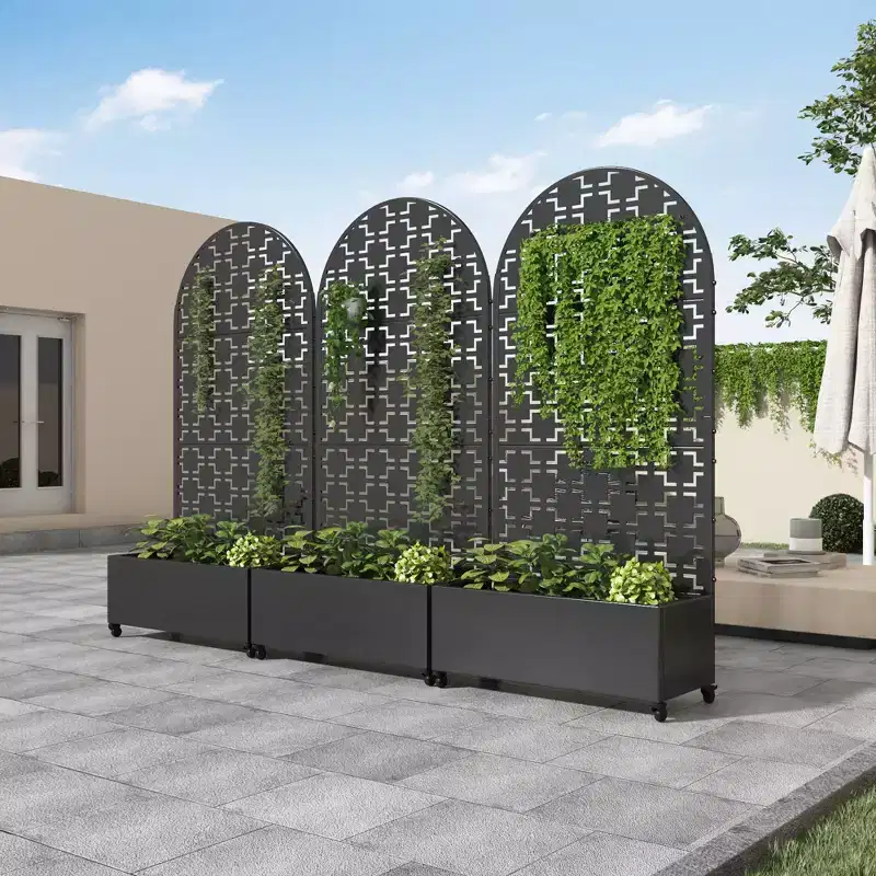 MAYEERTY Planter Box with Trellis Iron Black Arch Square 01 Style 72x35x16in 3-Piece Set