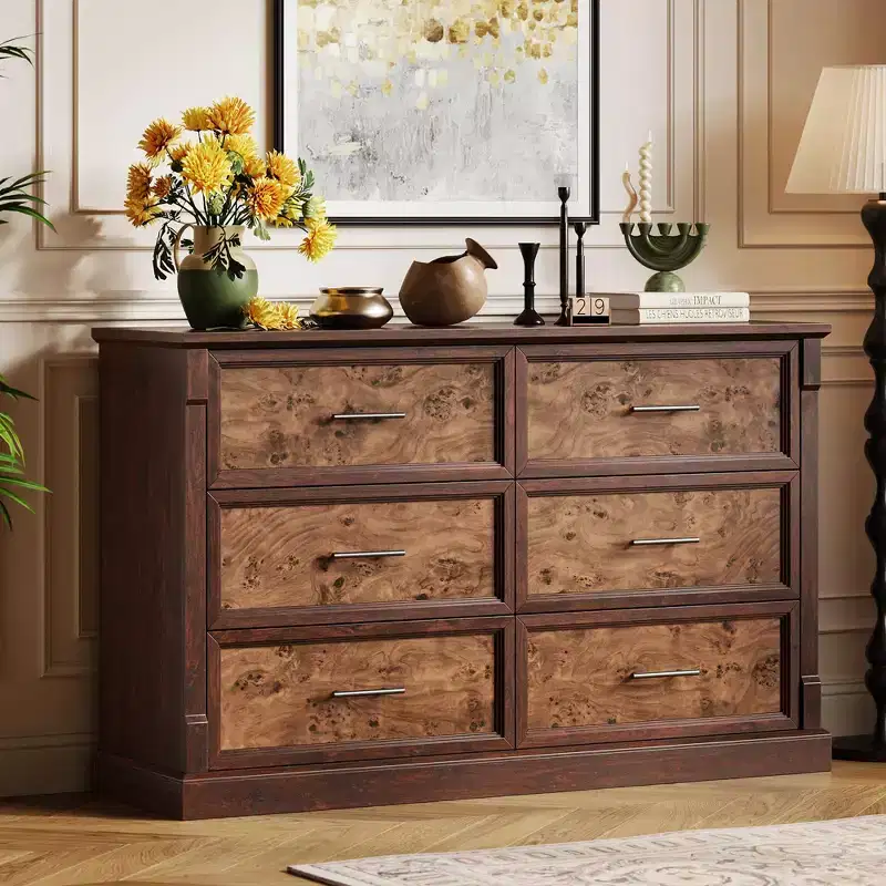 Farmhouse 6 Drawer Dresser for Bedroom, Wood Chest of Drawers with Metal Handles, Large Double Dresser TV Stand, Storage Dressers Organizer