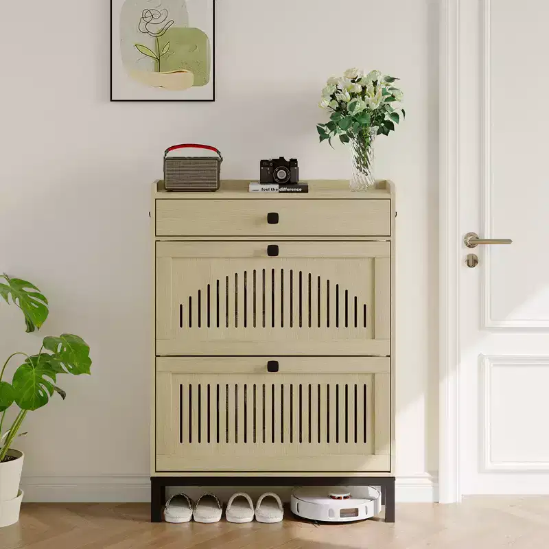Shoe Cabinet with 2 Flip Drawers and Large Drawer, Wooden Hidden Shoe Storage Organizer with Adjustable Shelf for Entryway, Hallway, Living Room