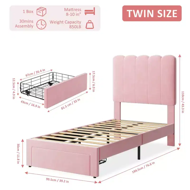 COZONY Twin Bed Frame with Storage Drawer & Wave Headboard, Wooden Slats Support Platform Bed for Kids & Girls Bedroom, No Box Spring Needed