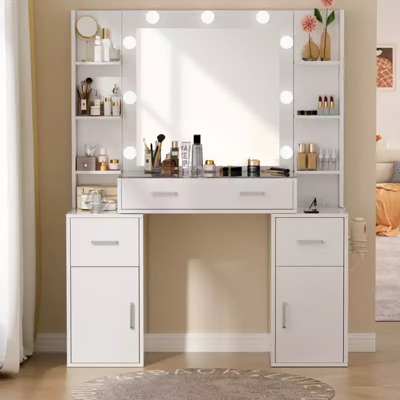 Vanity Desk with Mirror and Lights, Glass Top, Charging Station, 3 Lighting Modes, White