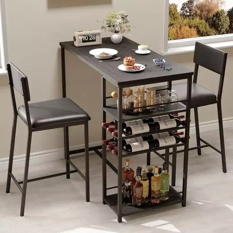 Counter-Height Dining Set for 2 with Storage Shelves  Bistro Table & Upholstered Chairs, Space-Saving Kitchen Set for Apartments