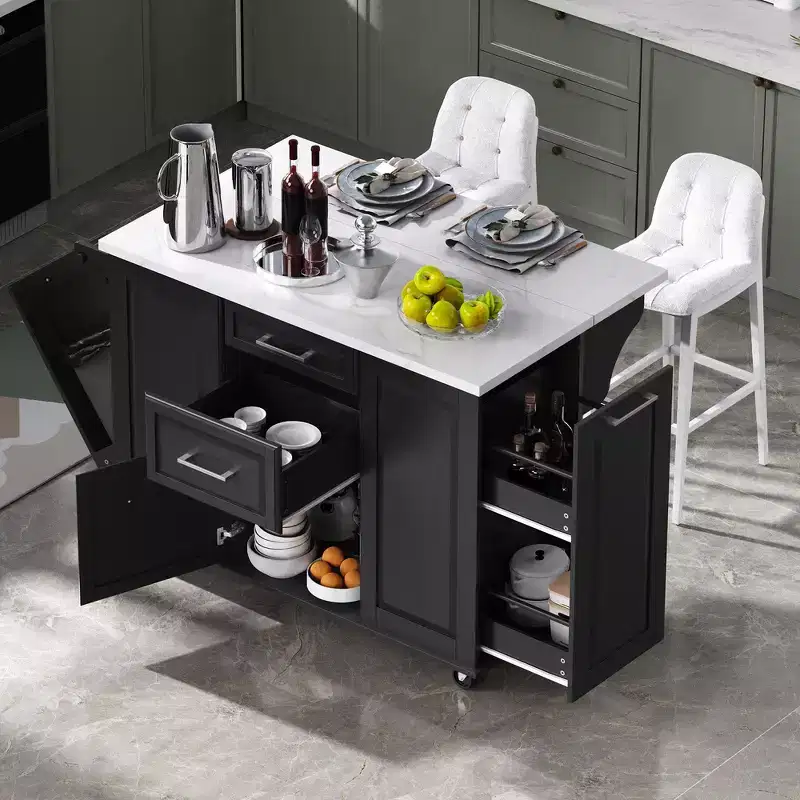 Whisen 50.7 Kitchen Island, Tilt Trash Cabinet, Pull - Out Organizer, 5 Wheels & Drop Leaf