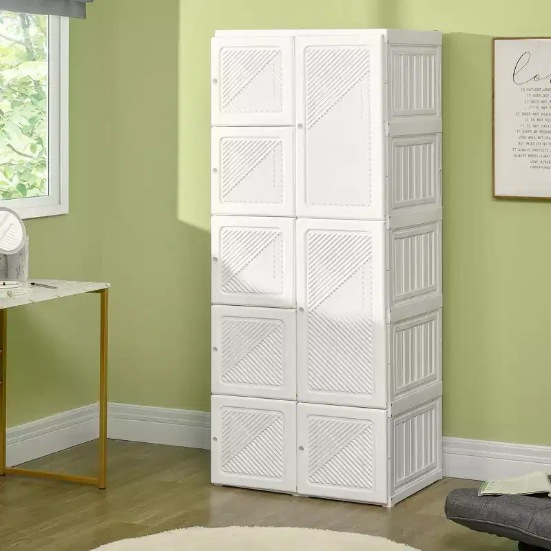 Portable Wardrobe Closet, Bedroom Armoire, Foldable Clothes Organizer with Cube Storage, Hanging Rods, and Magnet Doors, White