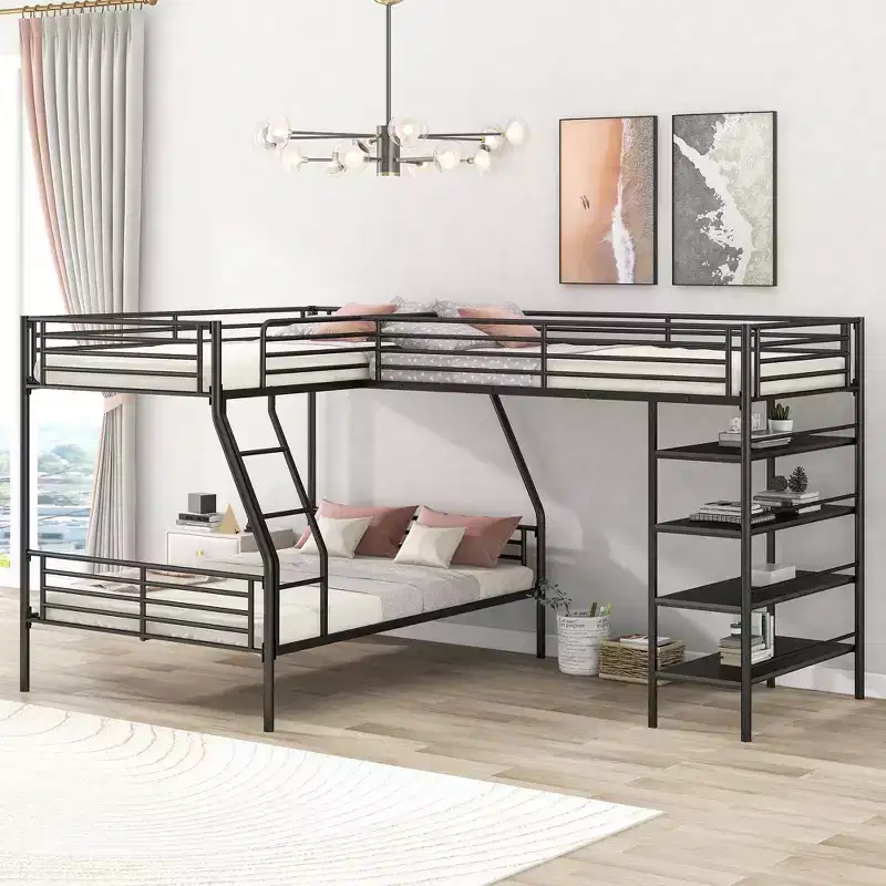 Whisen 117.2''L*77.5''W L-Shaped Metal Twin over Full Bunk Bed and Twin Size Loft Bed with Four Built-in Shelves - Black