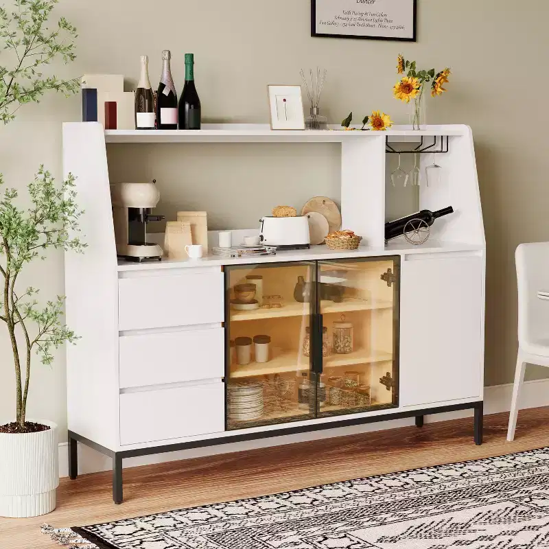 GDFStudio Pavel Modern 64 Wooden Buffet Storage Cabinet With Glass Doors, Cup Holder and 3 Drawers