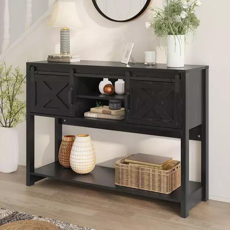 Rustic Farmhouse Console Table 46 with Sliding Barn Door, Entryway Sofa Table with Drawers and Adjustable Shelf