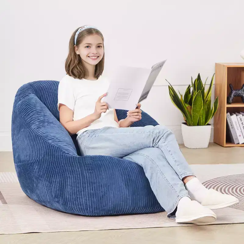 3-Feet Bean Bag Chair with Soft Armrests and Storage Pocket, 25D Memory Foam, Teddy Velvet Cover, Blue