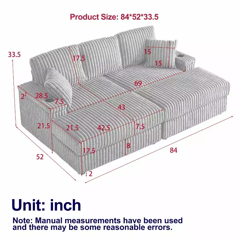 84-Inch Corduroy 3-Seater Sofa with 3 Back Pillows, 2 Toss Pillows, 2 Ottoman, 2 Storage Spaces and Cup-Holding Grooves