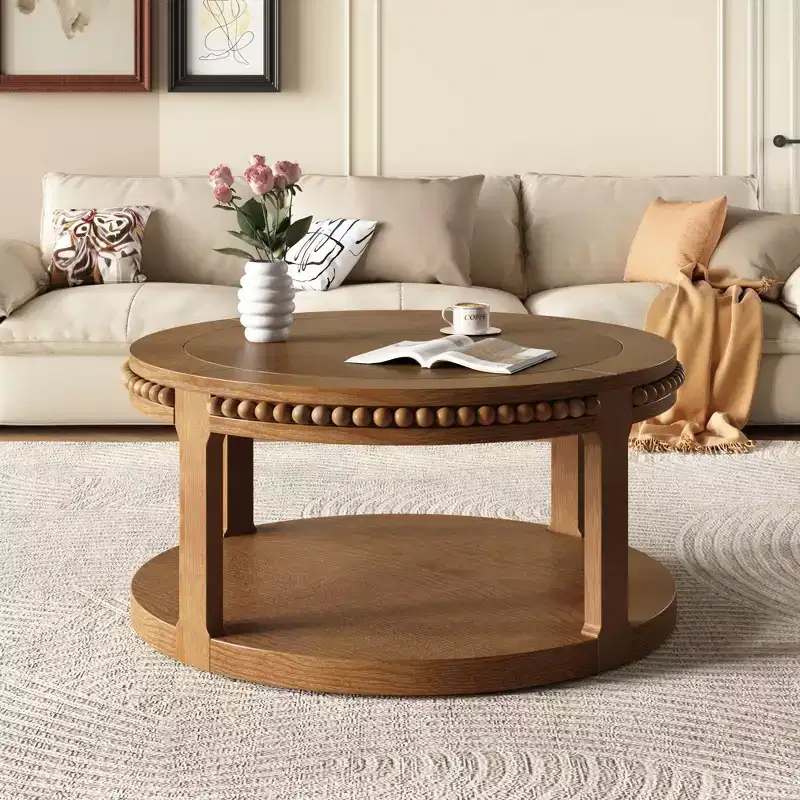 Vintage Round 2-Tier Coffee Table with Dual Storage, Solid Wood Veneer