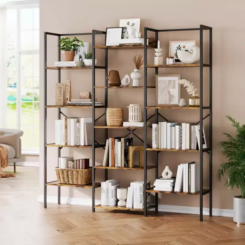 5 Tier Industrial Bookshelf Adjustable Wood Shelves & Heavy Duty Metal Frame, 100Lbs Capacity, Wide Storage Organizer