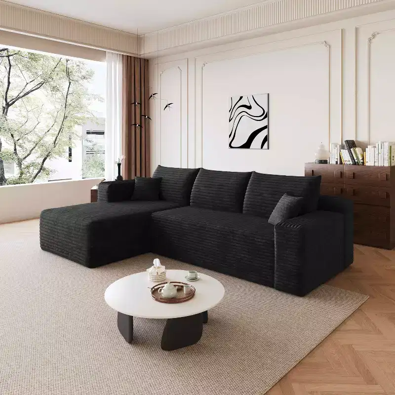 MAYEERTY 95 Black Cloud Sectional Sofa, U-Shaped Corduroy Upholstered Deep Seat Couch, No Assembly for Living Room