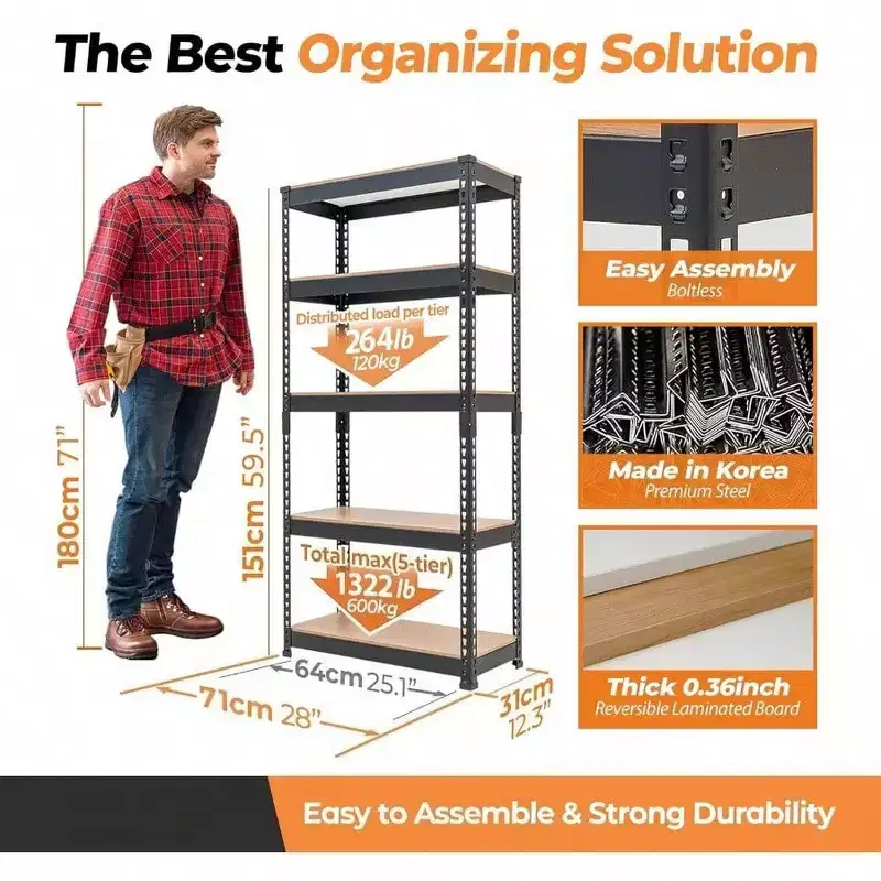 28 inch Wx 12.3 inch Dx 59.5 inch H 5 tier boltless metal shelving unit heavy duty adjustable garage storage utility rack organization