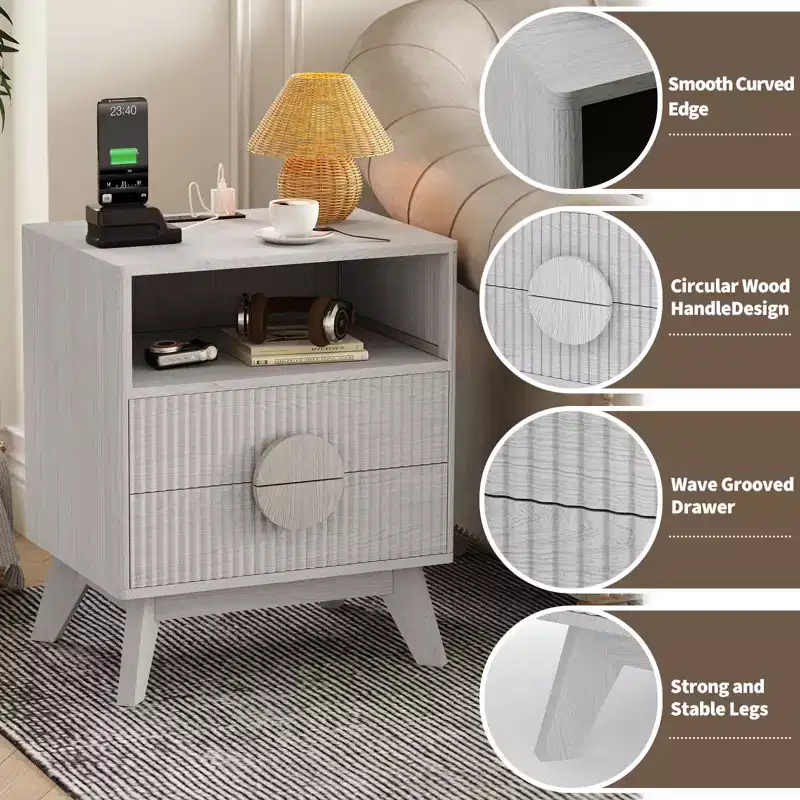 Modern Fluted Bedside Table Set of 2  Wood Bedside Table  2 Drawers & Open Storage Shelf  End Table with Outlets