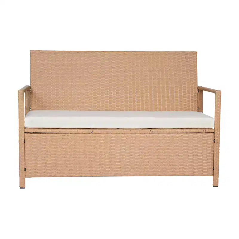 GDFStudio Abimbola Modern Metal and PE Rattan Outdoor Storage Bench with Backrest and Armrests