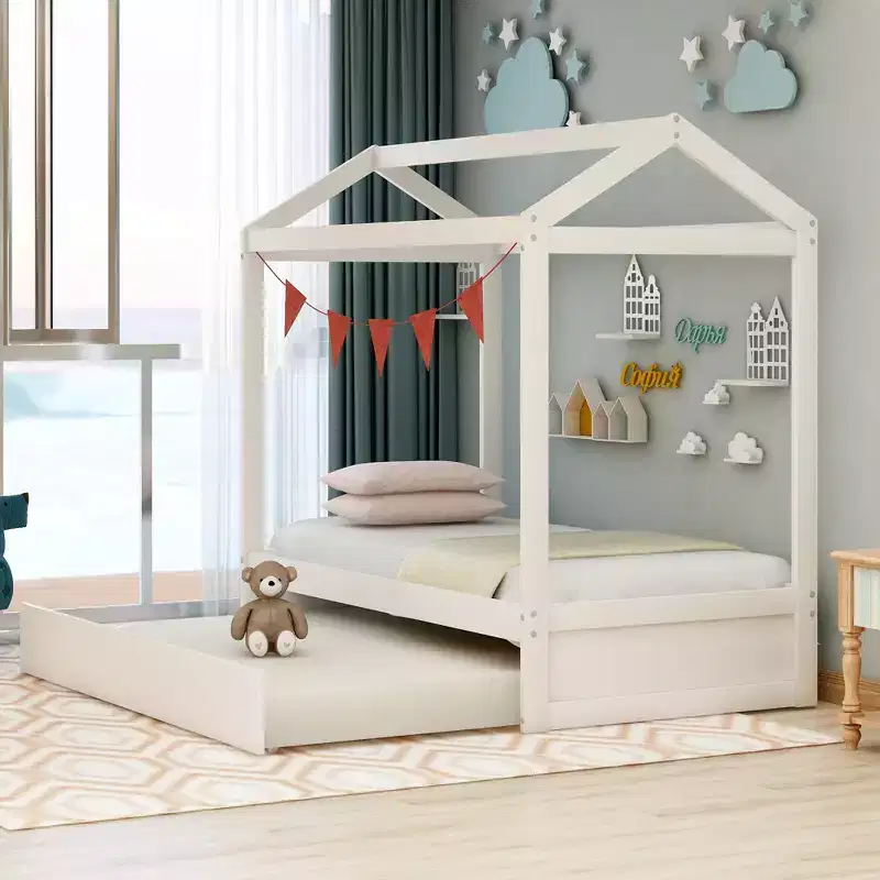 Wood Decoratable House-Shaped Bed with Trundle - White