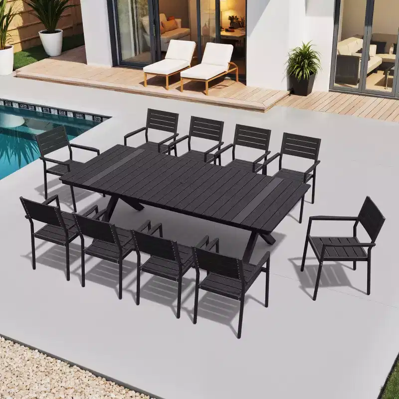 Crestlive Products Outdoor 11pcs Patio Dining Set Stackable Armchairs Wood Like Table With Umbrella Hole For Large Gatherings