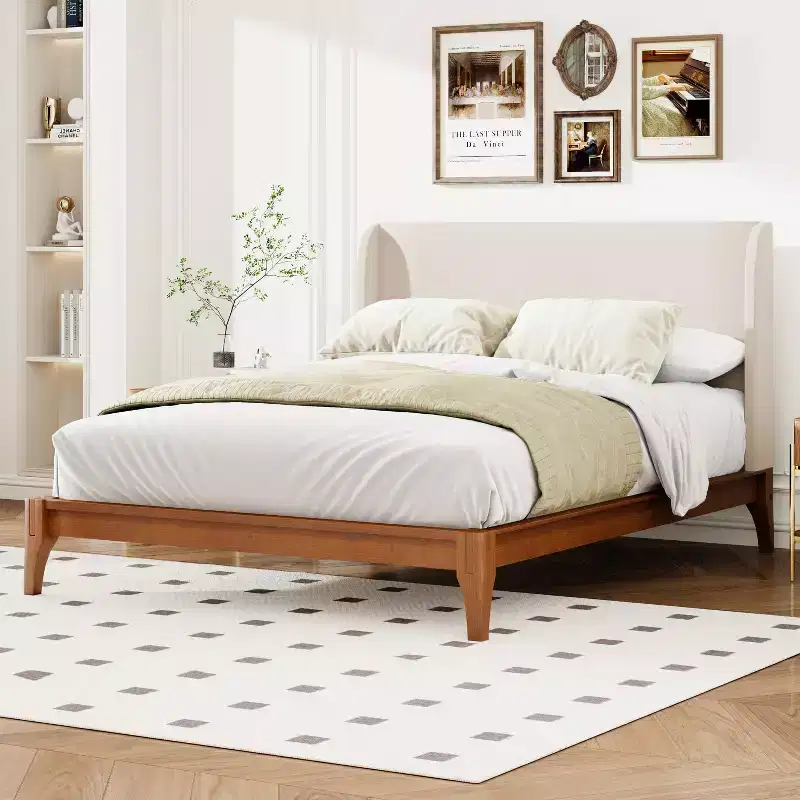 King/Queen Size Platform Bed, Solid Dry Bamboo Wood Bed Frame with Upholstered High Headboard, Easy Assembly