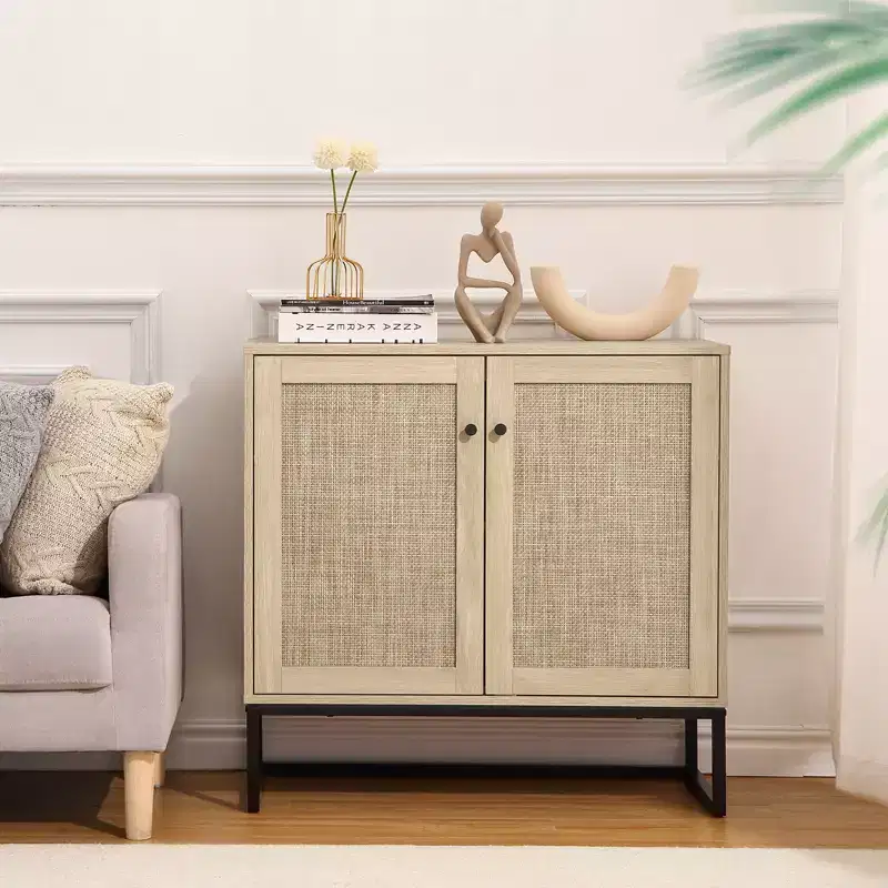 Rattan Storage Cabinet, Kitchen Sideboard, Entrance Cabinet, TV Cabinet, With Adjustable Shelves, Metal Handles for Living Room, Oak Color + Black