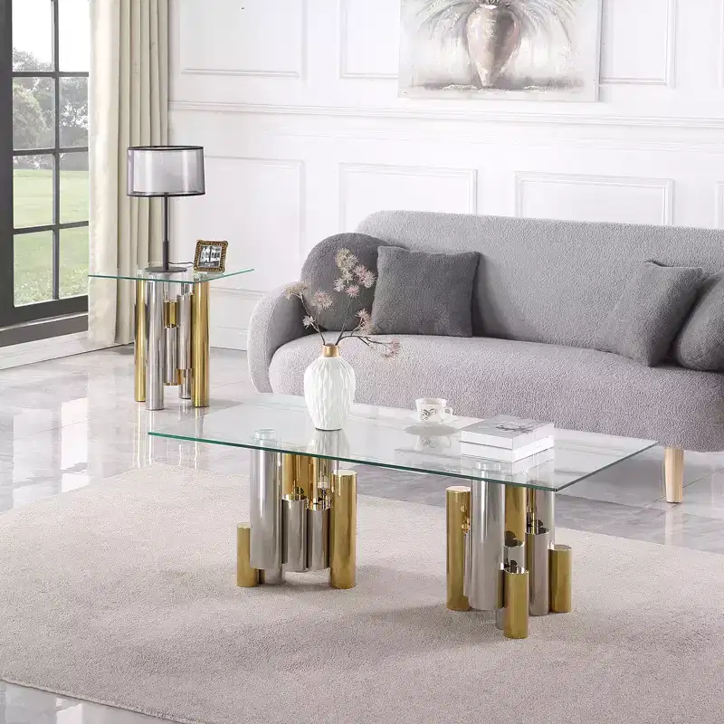 Rectangular Coffee Table with Clear Tempered Glass Top, Stainless Steel Frame Modern Sleek Center Table, Mid Century Center Table