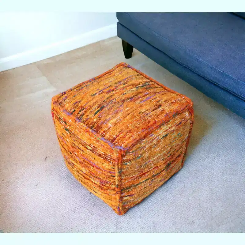 Orange Recycled Silk & Cotton Cube Pouf Ottoman – 18