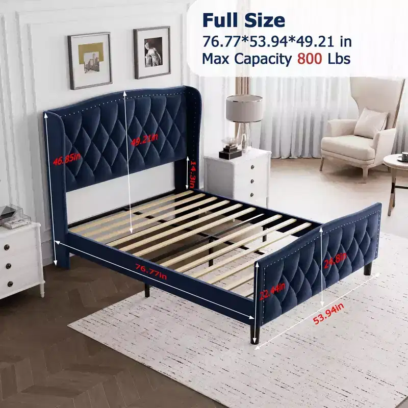 Velvet Upholstered Full Size Platform Bed with Wingback Headboard