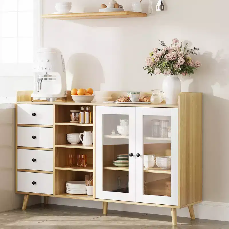 Modern 55 Buffet Cabinet with Coffee Bar, Adjustable Shelves & Tempered Glass Doors, Dining Room Sideboard with Storage Drawers