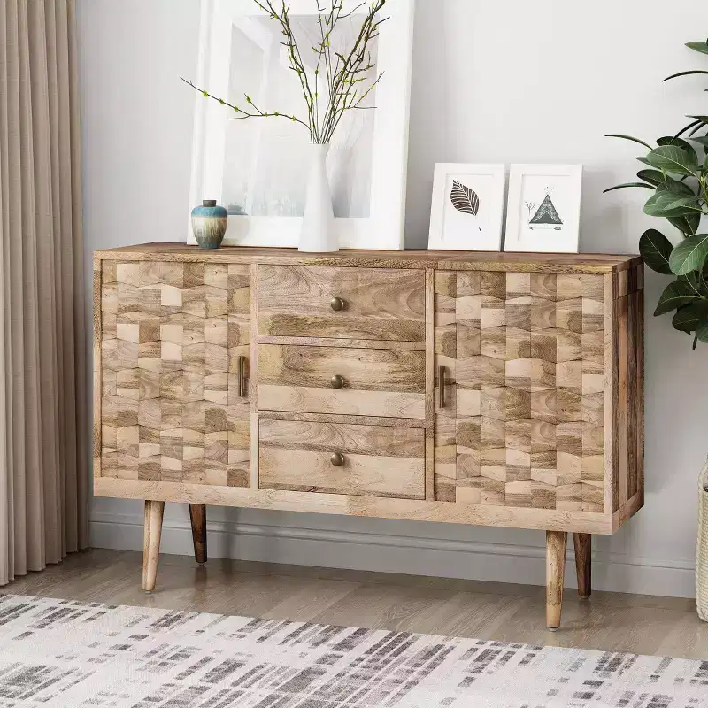 Christopher Knight Home Latimer Mid-Century Modern 3 Drawer Sideboard Natural: Mango Wood Buffet Table, 2 Doors