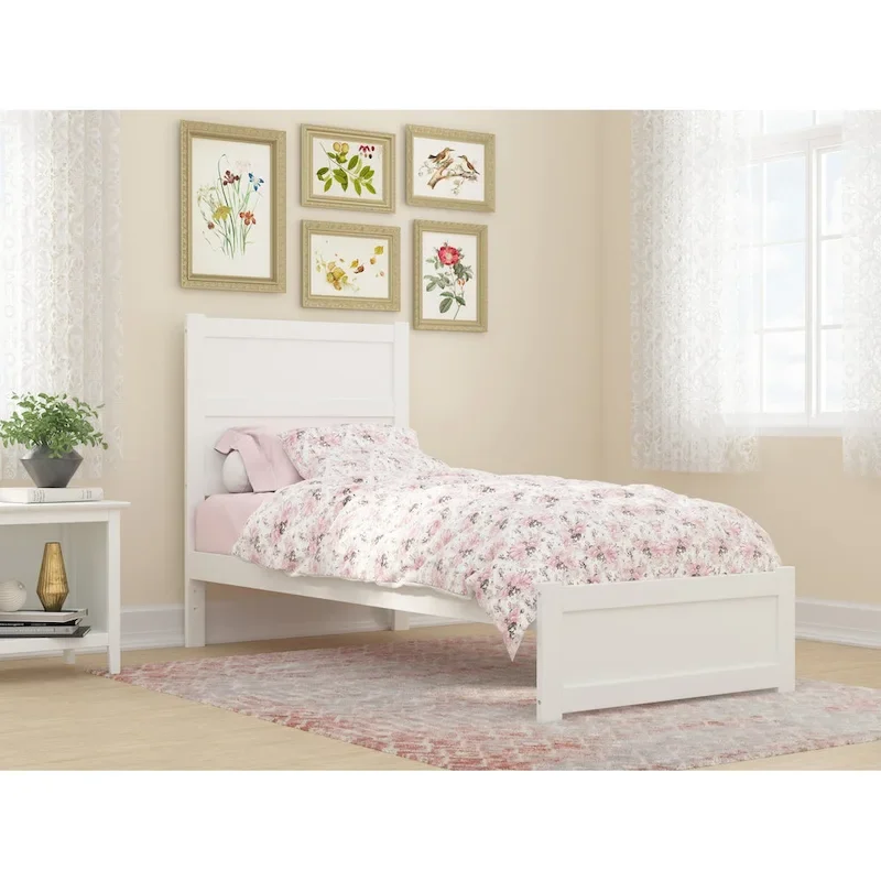 Twin XL Mid-Century Modern Platform Bed with Footboard, Charging Station & Slats, 600 lb, White