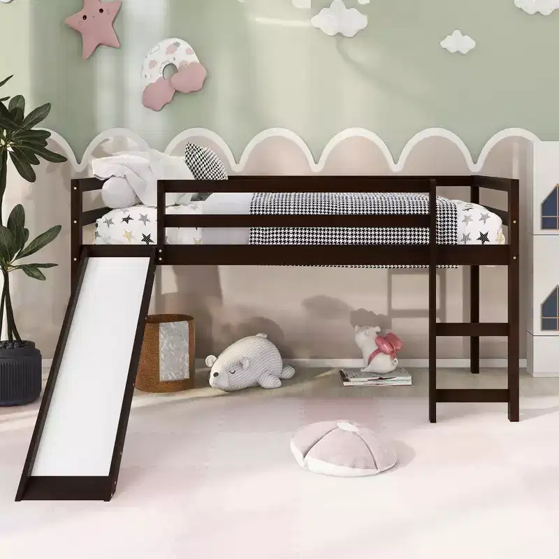Whisen 79.5L x41.8W Elegant Twin Size Low Loft Bed with Built-in Ladder and Slide, Multifunctional Design