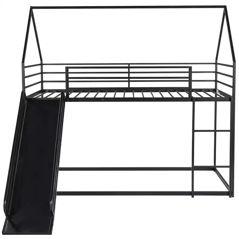 Twin over Twin Metal House Bunk Bed with Convertible Slide and Ladder