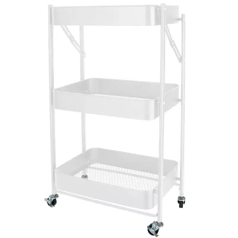 Organize It All 3 Tier Folding Metal Utility Storage Rolling Cart with Lockable Wheels White