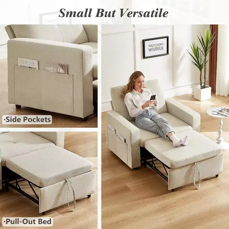 Dyonery 3-in-1 Sleeper Sofa Chair Bed, 42.5 W Convertible Sleeper Chair with Pull Out Bed, Adjustable Backrest, Side Pockets