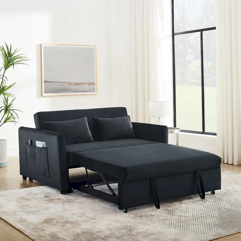 Black/Blue/Grey Velvet Pull-Out Sofa Bed, 2-Seat, 3-Position Backrest