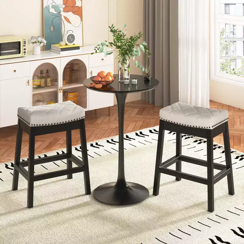 Counter Stool With Solid Wood Frame, Backless Bar Stool With Upholstered Seat (set Of 2)