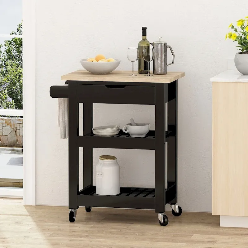Compact Wooden Kitchen Cart with Wheels Shelves and Drawer by Christopher Knight Home