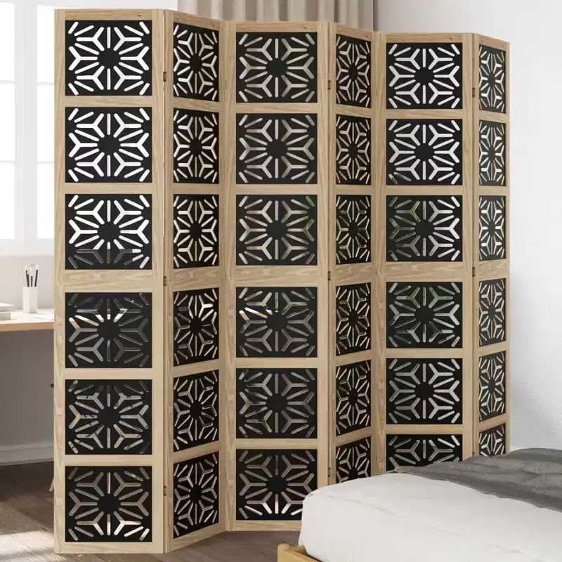 Room Divider 6 Panels Brown and Black Solid Wood Paulownia